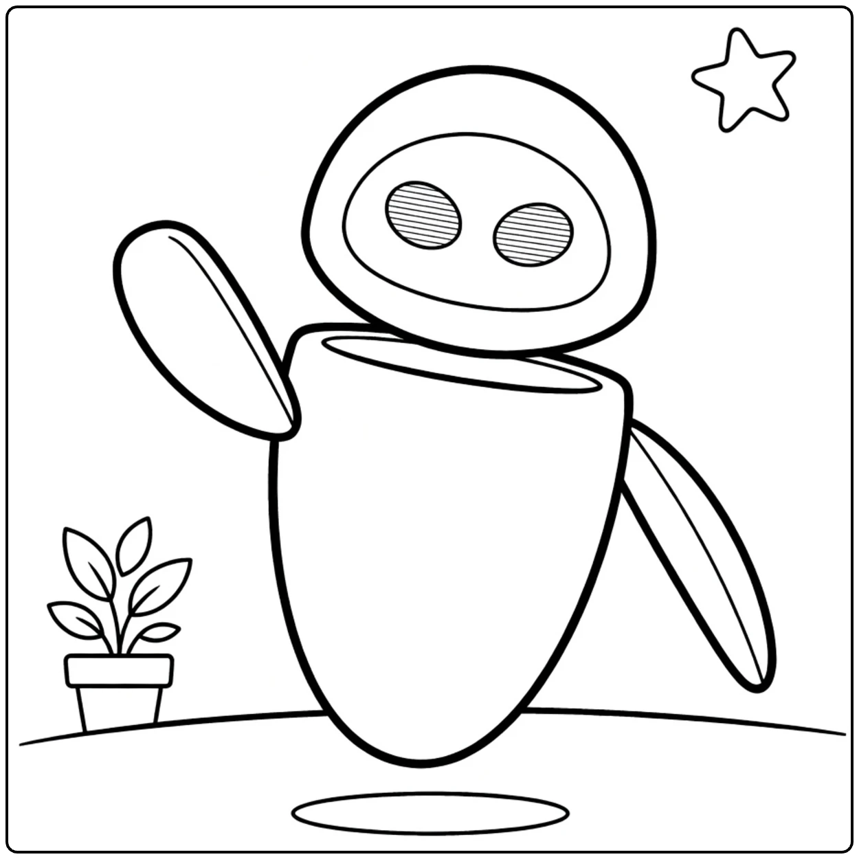 EVE Kleurplaat robot met plant pot en ster voor kids