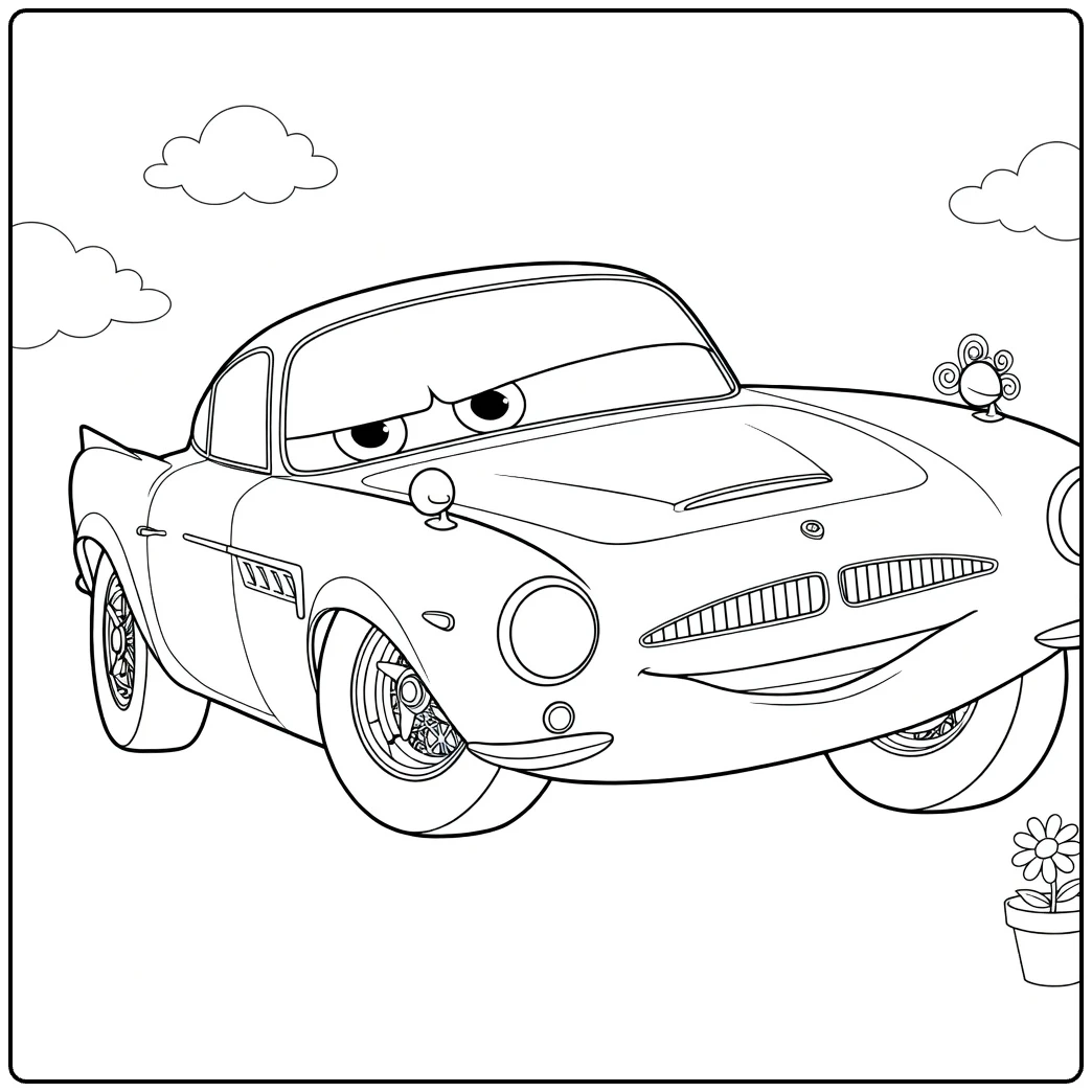Finn McMissile Kleurplaat van spionage auto met wolken