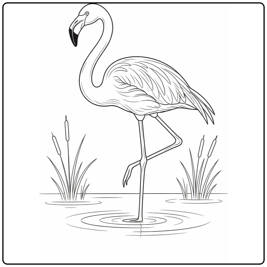 Flamingo Kleurplaat flamingo op poot met riet