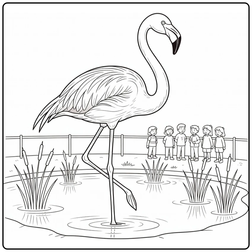 Flamingo Kleurplaat met flamingo in ondiepe vijver en kinderen
