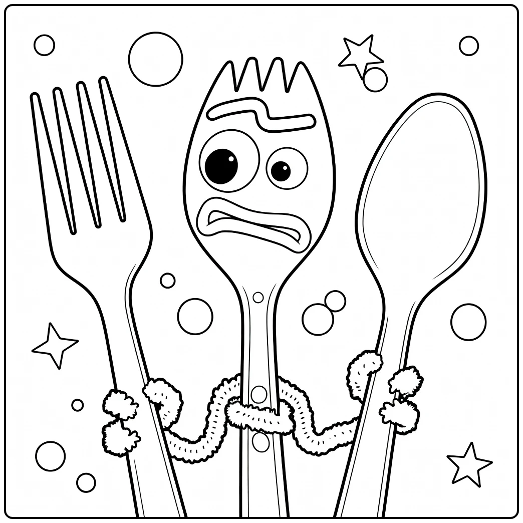 Forky Kleurplaat met vork lepel en sterren