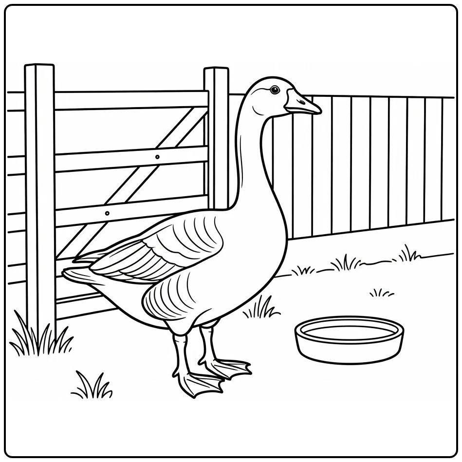 Gans Kleurplaat met gans bij boerderijhek en waterkom