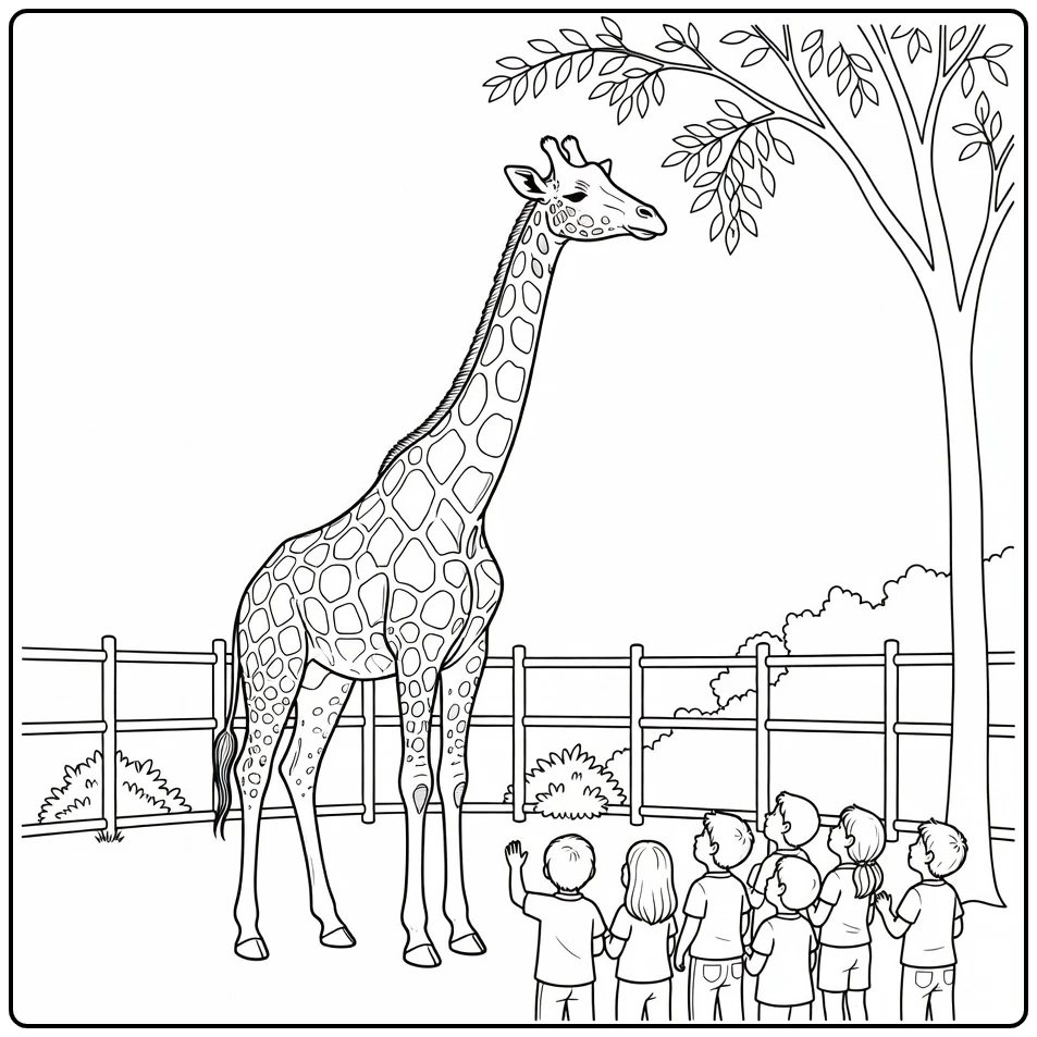 Giraffe Kleurplaat van giraffe in dierentuin met kinderen