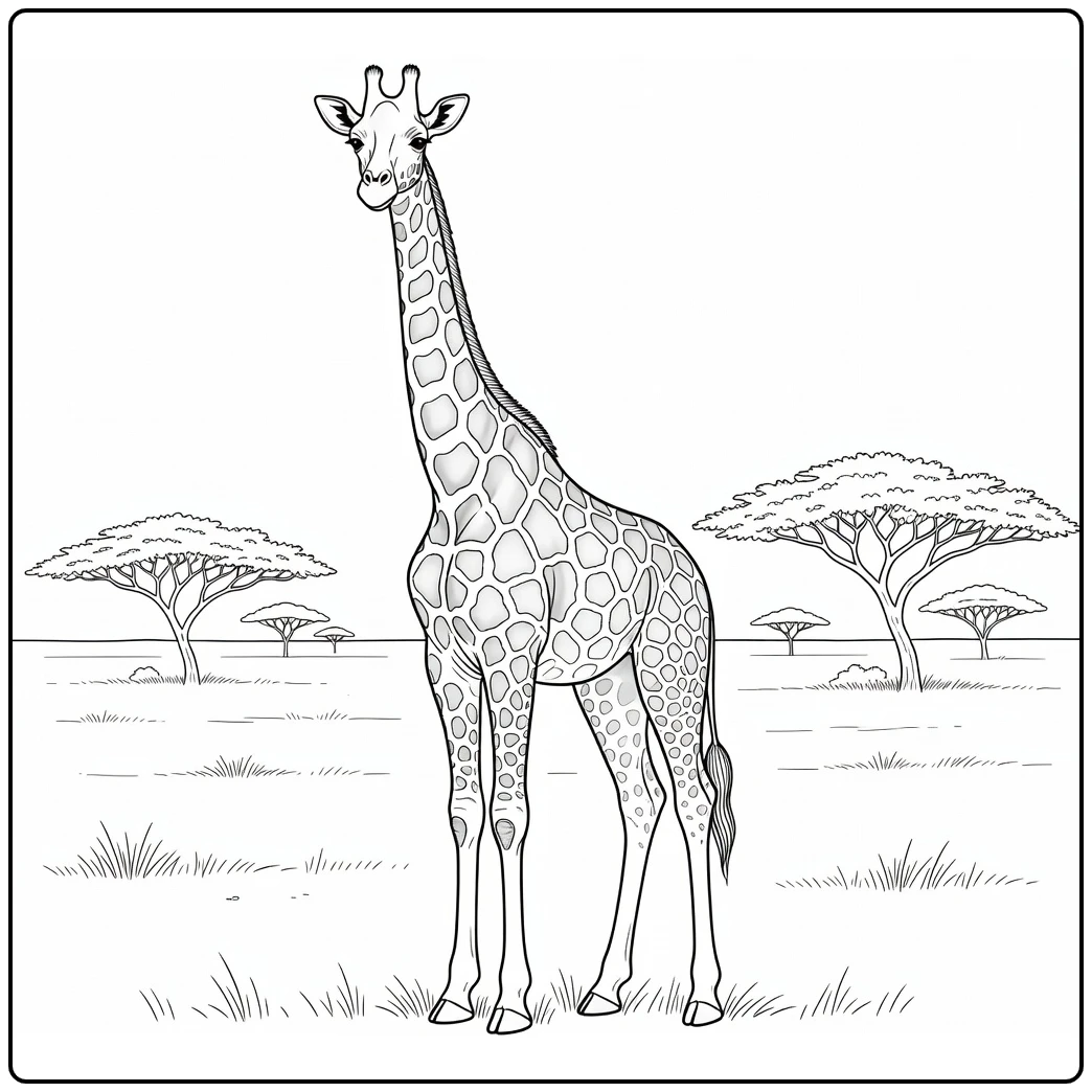 Giraffe Kleurplaat van giraffe op savanne met acaciabomen