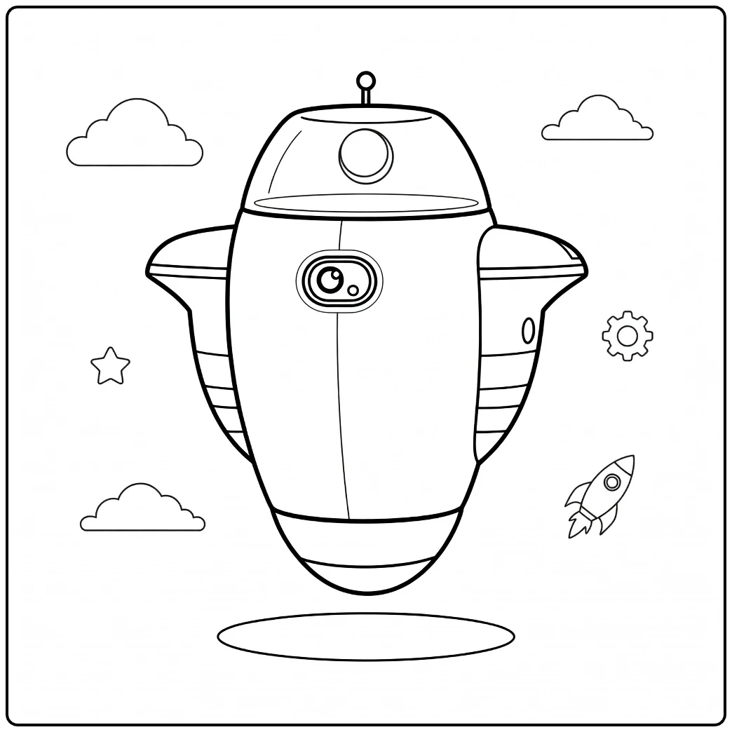 GO-4 Kleurplaat schattige robot met wolken en raket