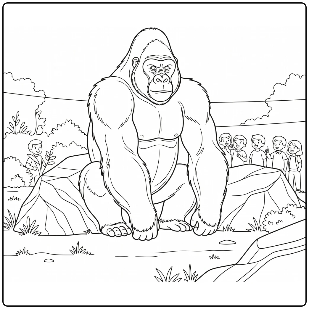 Gorilla Kleurplaat met krachtige gorilla bij rots in zoo