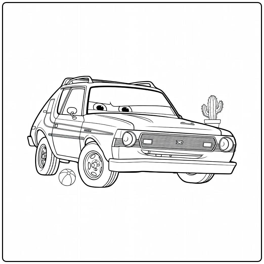 Grem Kleurplaat grappige auto met gezicht en cactus