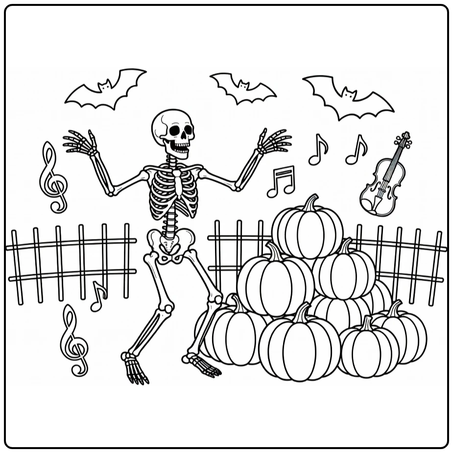 Halloween Kleurplaat dansend skelet met pompoenen
