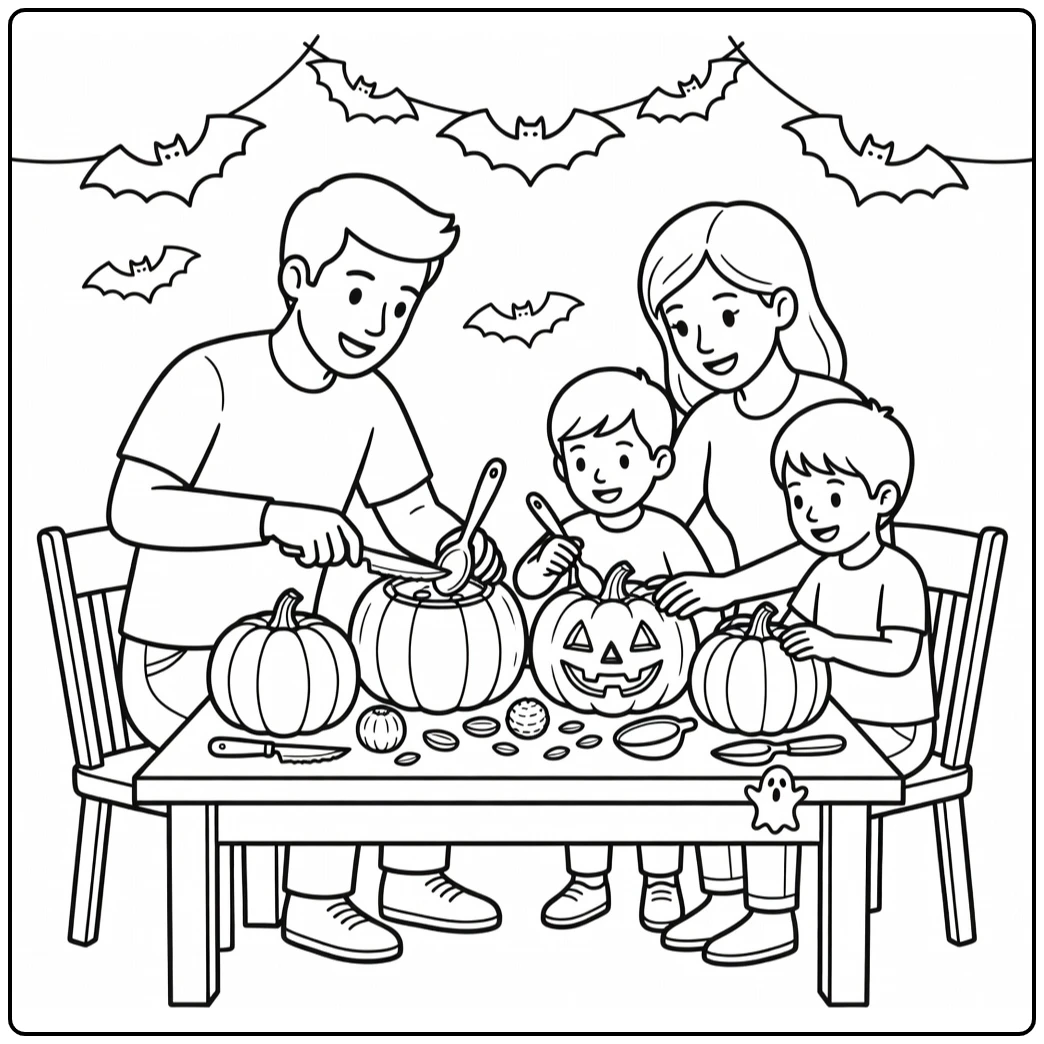 Halloween Kleurplaat familie pompoenen uithollen aan tafel