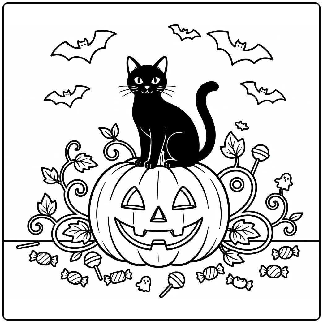 Halloween Kleurplaat zwarte kat op pompoen met vleermuizen
