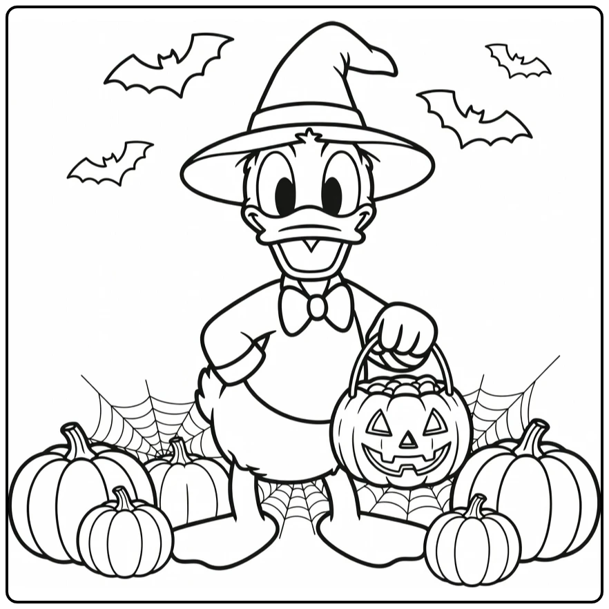 Halloween Kleurplaat Donald Duck heks pompoen emmer