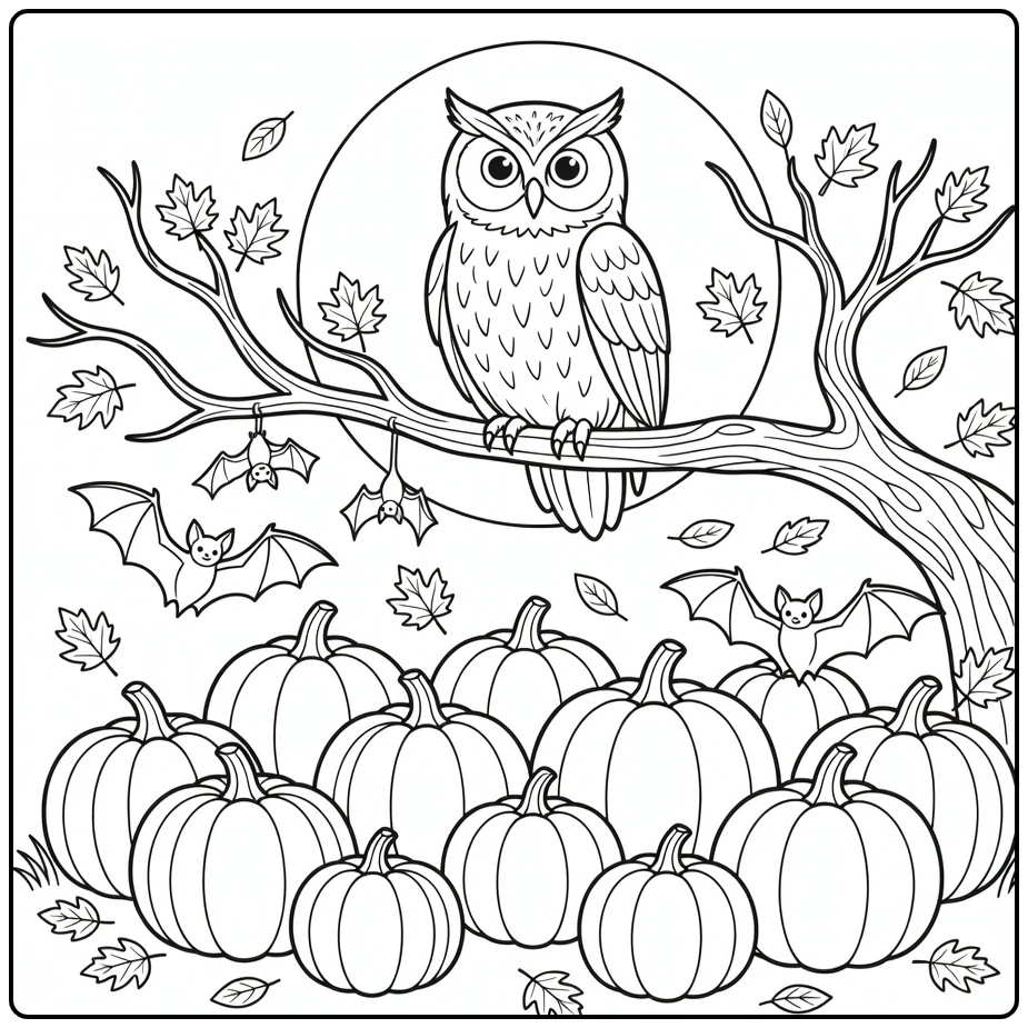 Halloween Kleurplaat uil op tak boven pompoenveld met maan