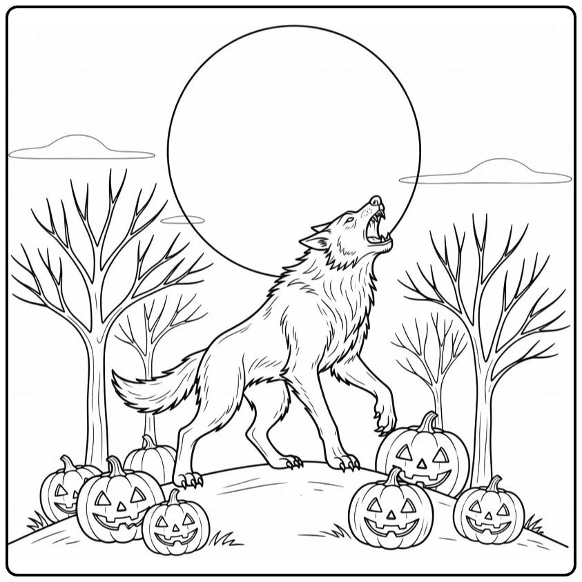 Halloween Kleurplaat weerwolf huilend bij pompoenen