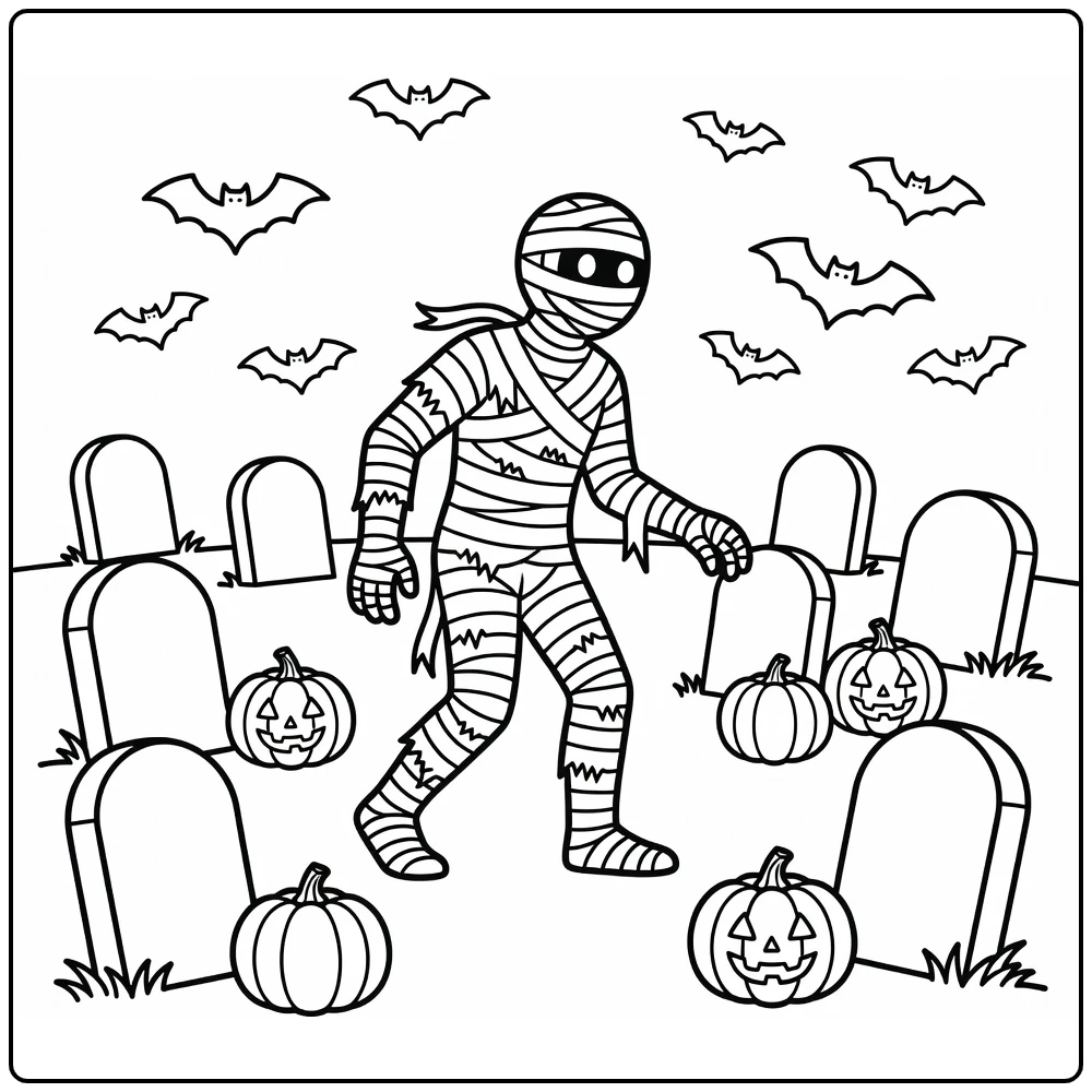 Halloween Kleurplaat mummie op kerkhof met pompoenen en vleermuizen