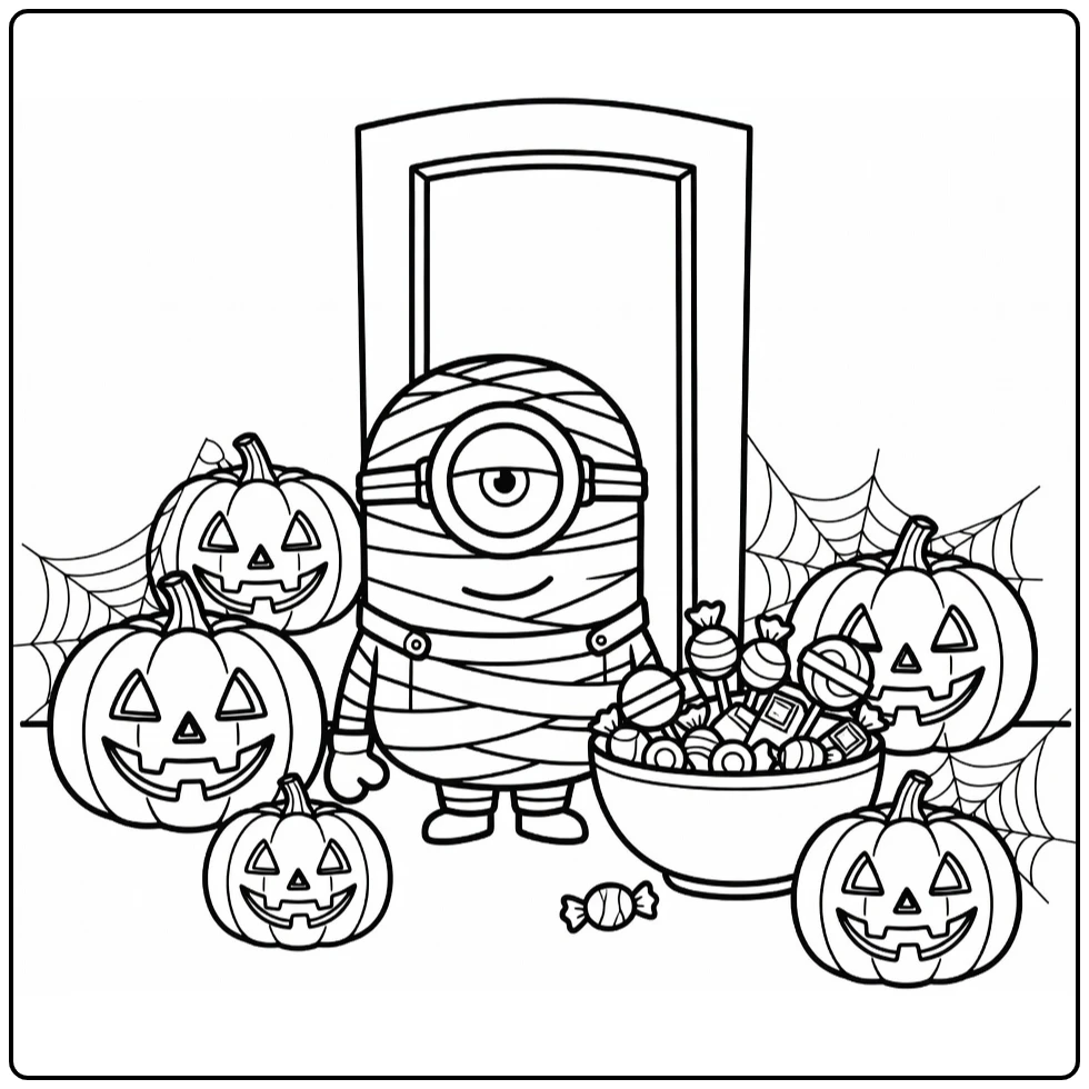 Halloween Kleurplaat Minion als mummie met pompoenen
