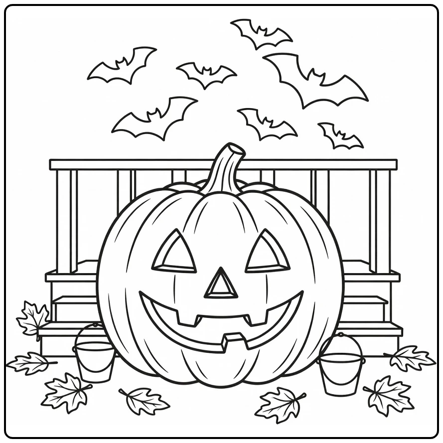Halloween Kleurplaat met jack-o-lantern en vleermuizen