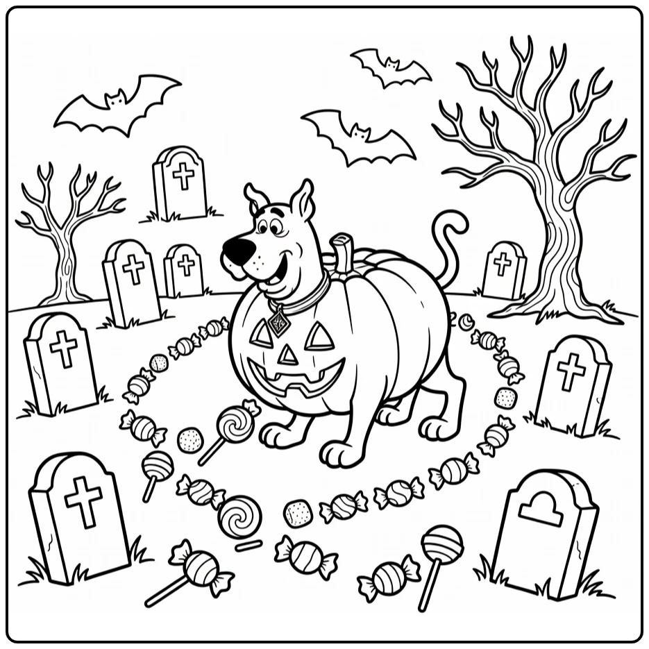 Halloween Kleurplaat Scooby-Doo in pompoenpak bij grafstenen