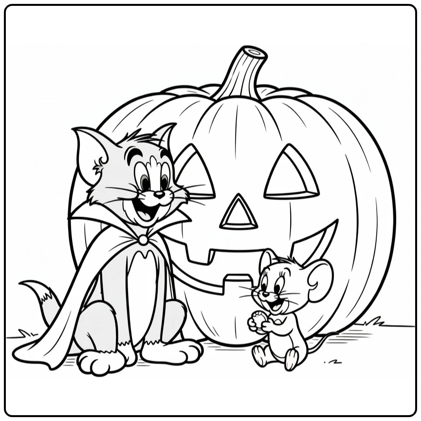 Halloween Kleurplaat Tom en Jerry met reusachtige pompoen
