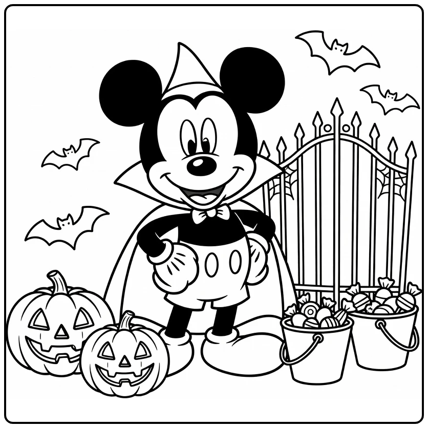 Halloween Kleurplaat Mickey Mouse als schattige vampier