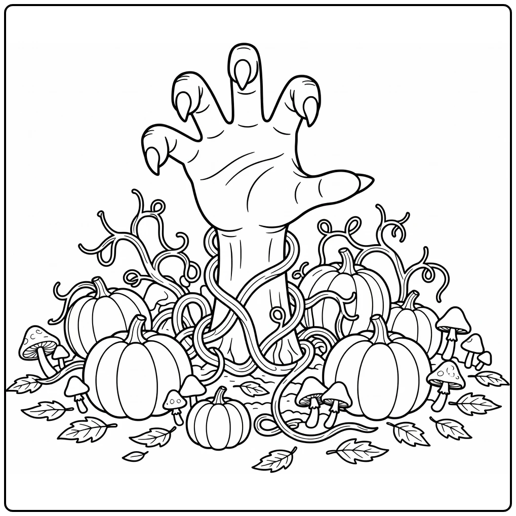 Halloween Kleurplaat monsterhand uit pompoen met bladeren