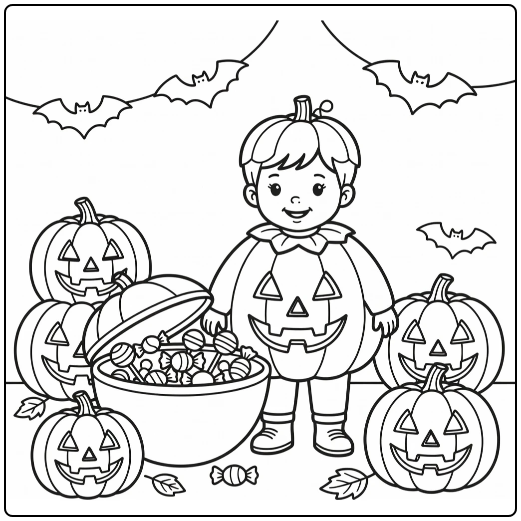 Halloween Kleurplaat met een kind als pompoen bij de snoepkom