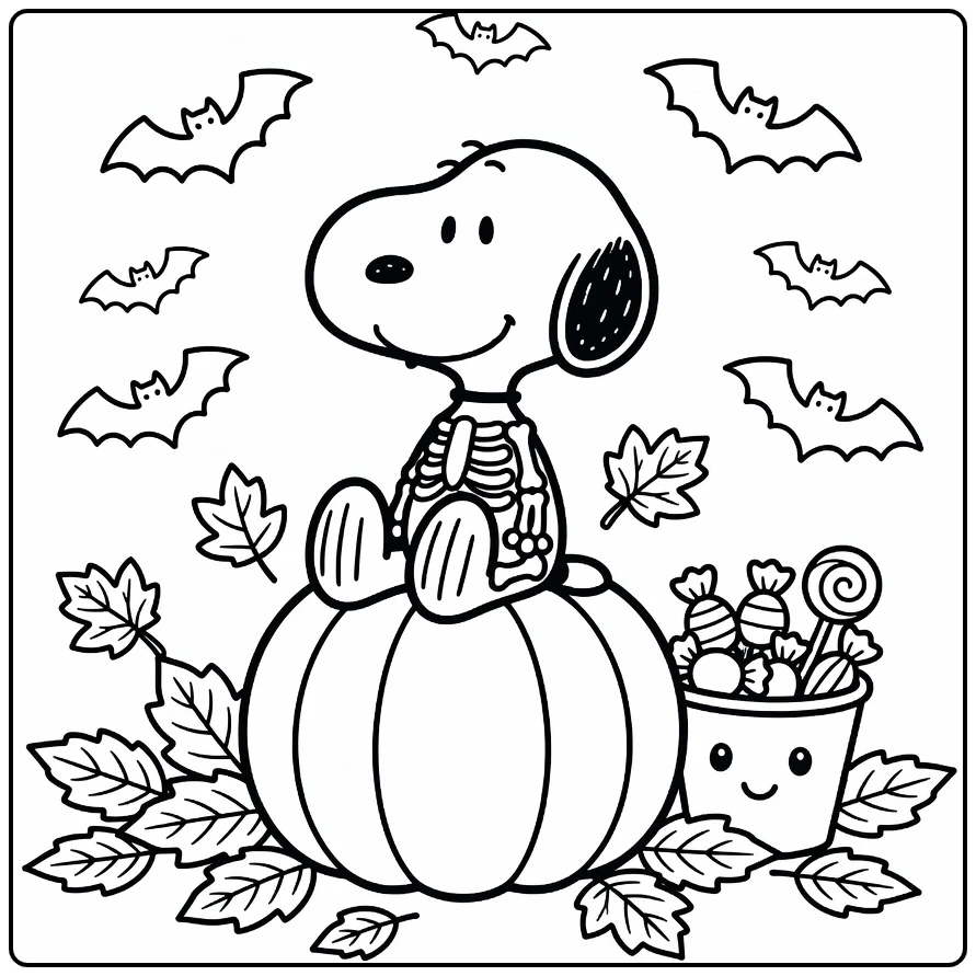 Halloween Kleurplaat Snoopy als skelet op pompoen met bladeren