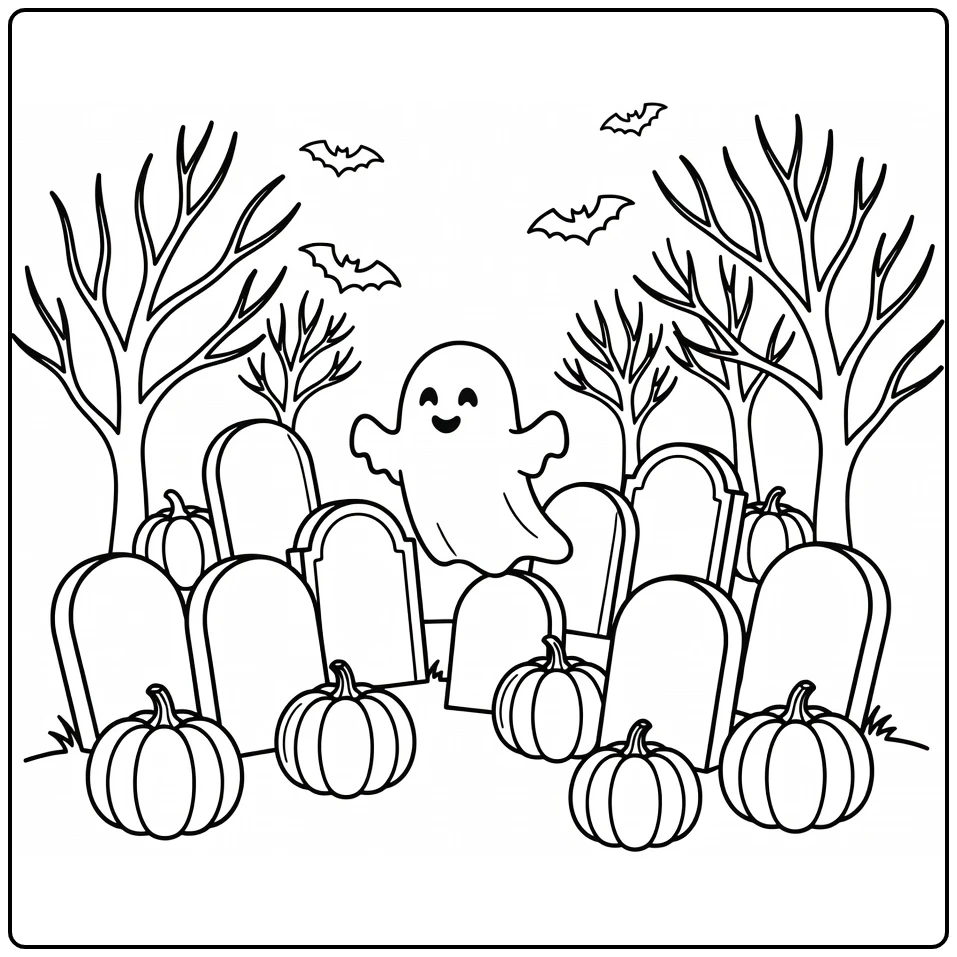 Halloween Kleurplaat met geest in spookachtige begraafplaats