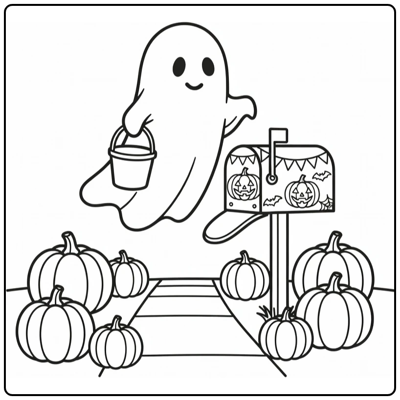 Halloween Kleurplaat spook met snoepemmer bij brievenbus