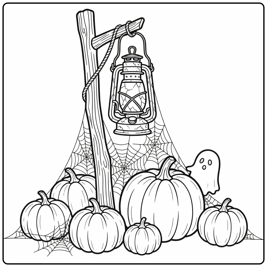 Halloween Kleurplaat met spooklantaarn en pompoenen