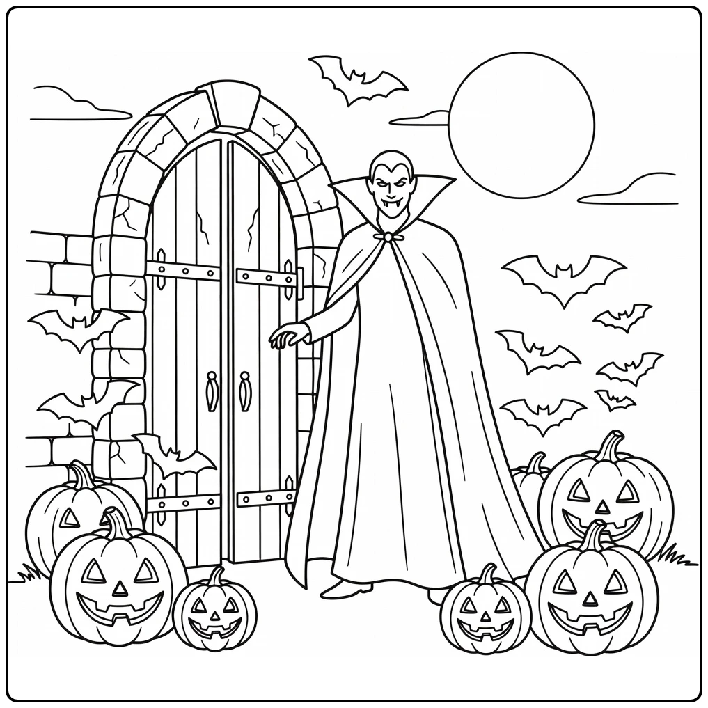 Halloween Kleurplaat vampier bij kasteelpoort