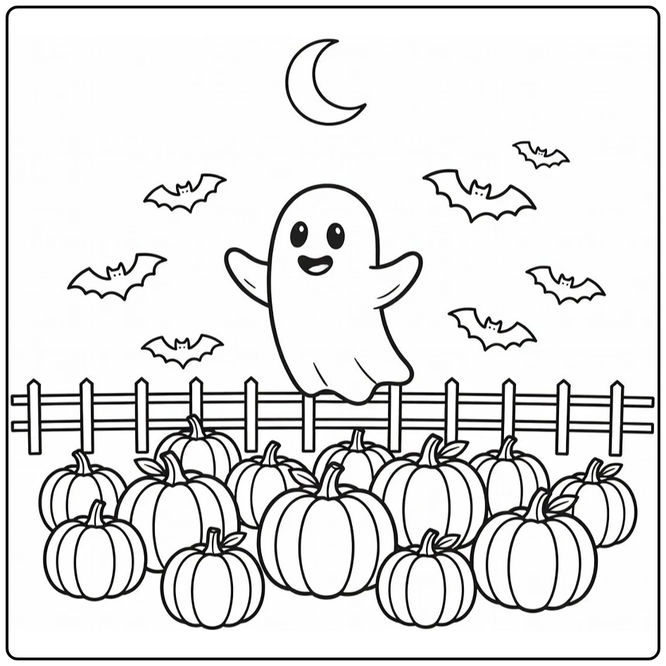 Halloween Kleurplaat met blije geest en pompoenen