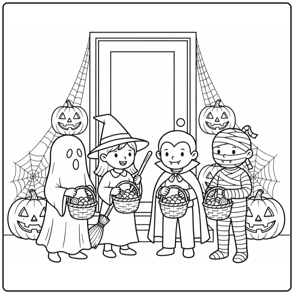 Halloween Kleurplaat kinderen trick or treaten met pompoenen