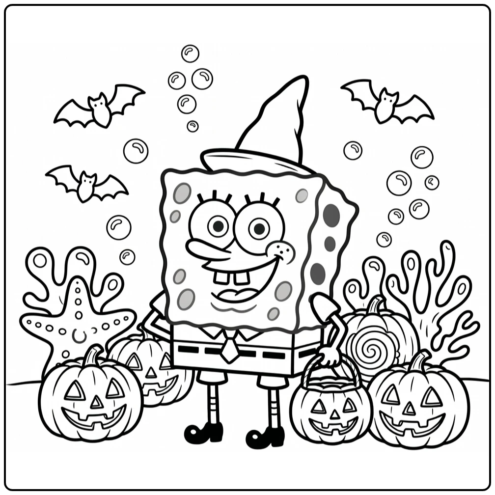 Halloween Kleurplaat SpongeBob met tovenaarshoed en pompoenmand