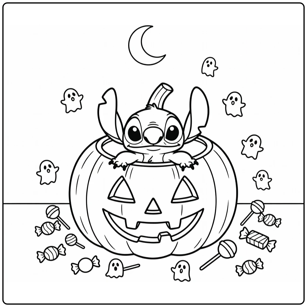 Halloween Kleurplaat Stitch in jack-o-lantern met spookjes