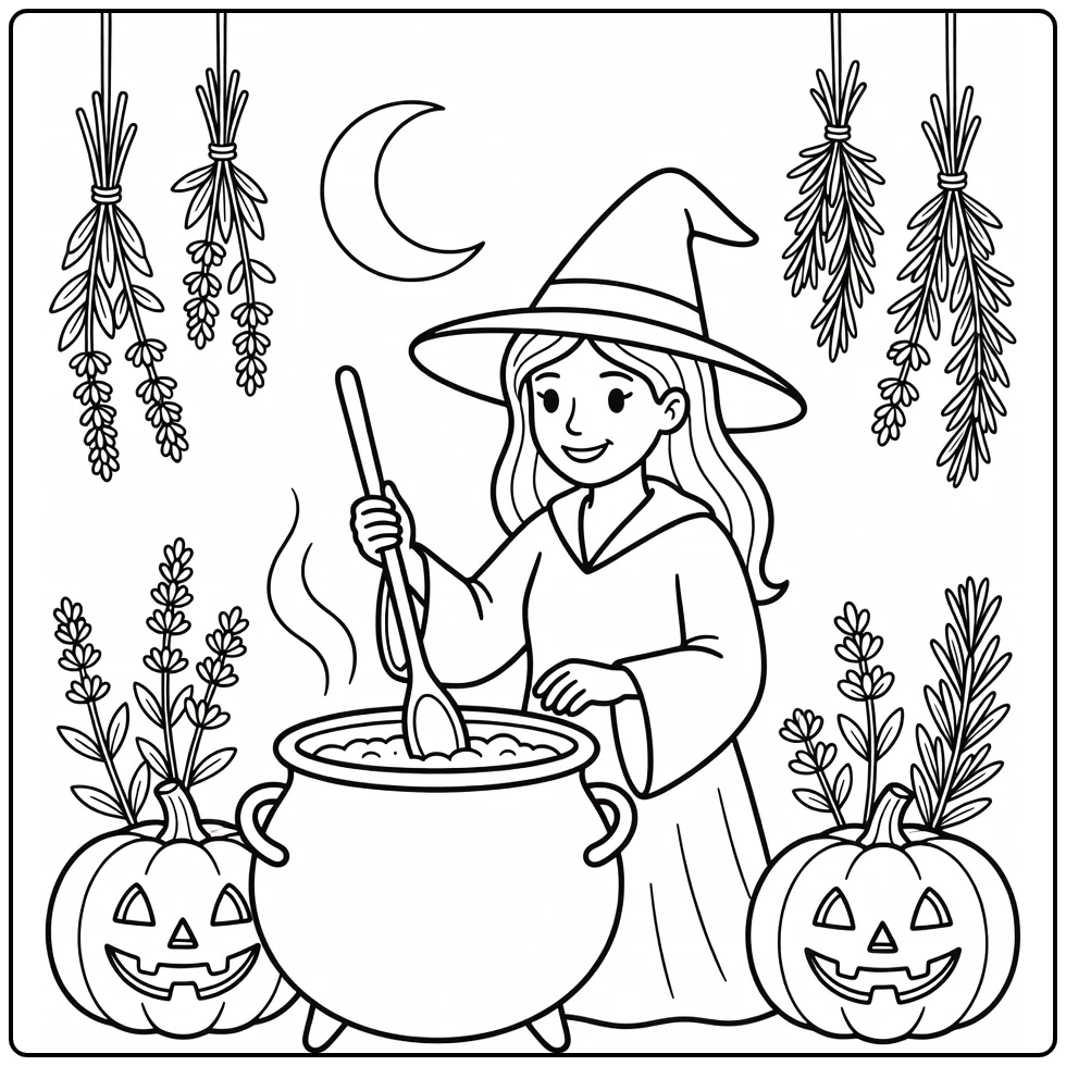Halloween Kleurplaat heks met ketel en pompoenen