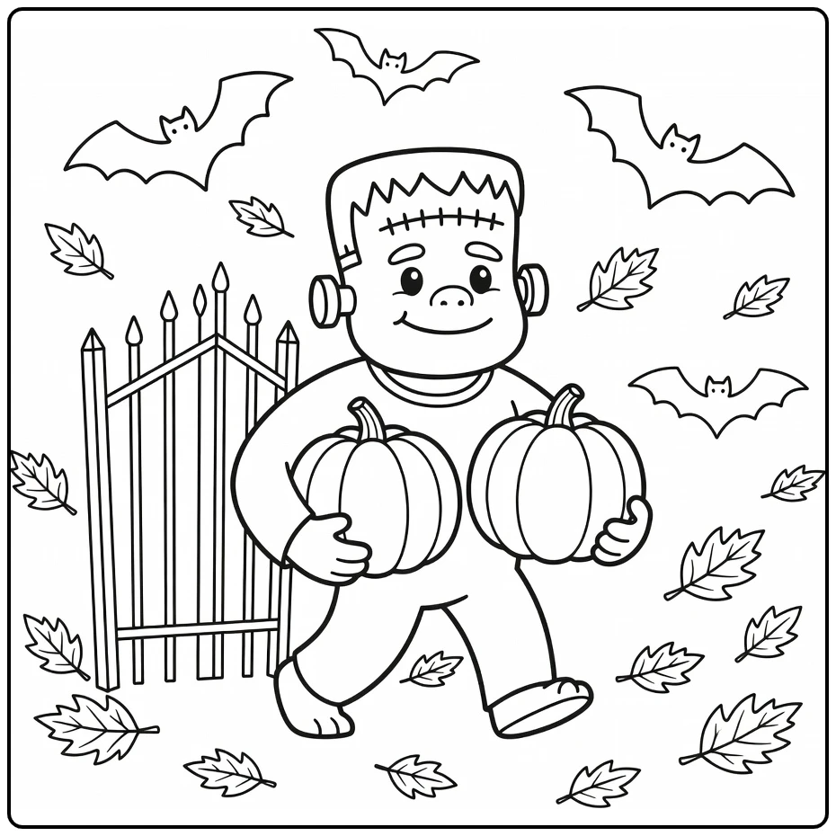 Halloween Kleurplaat Frankenstein monster met pompoenen