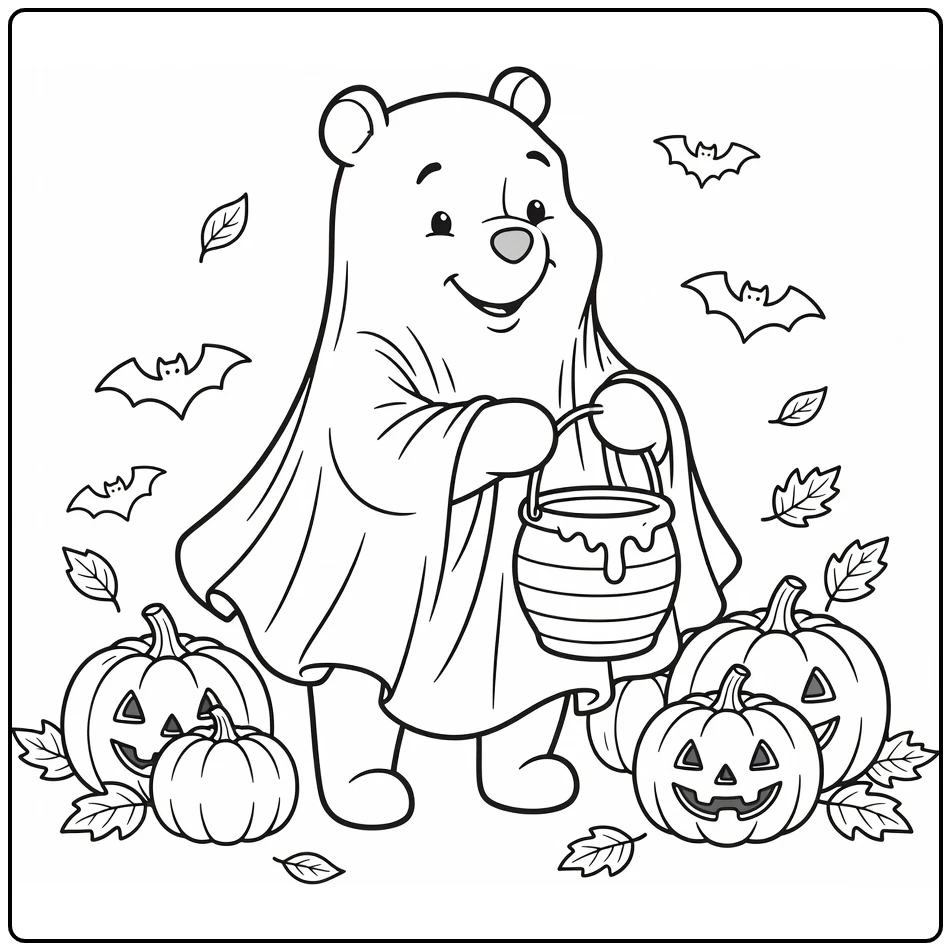 Halloween Kleurplaat Winnie de Poeh als spook met pompoenen