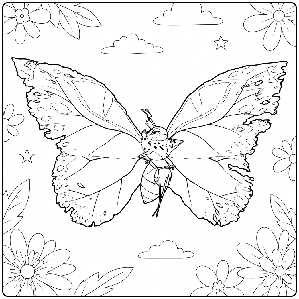 Insect Queen Kleurplaat van insect met bloemen en wolken