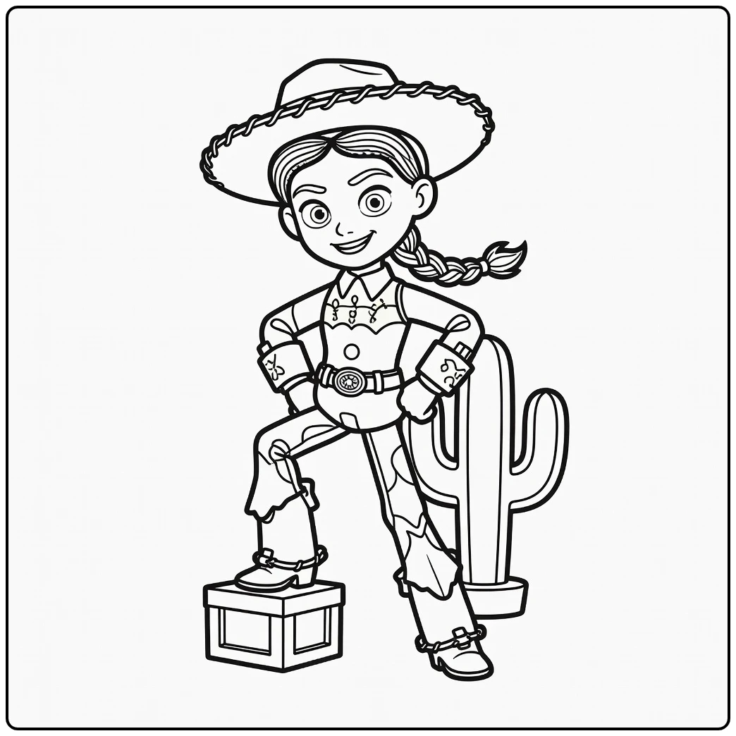 Jessie Kleurplaat dappere Jessie op krat met cactus