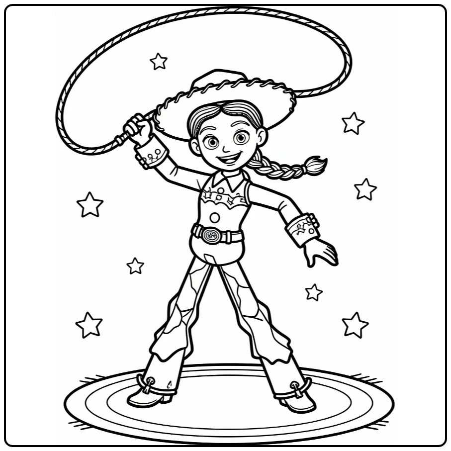 Jessie Kleurplaat met lasso en cowgirl pose