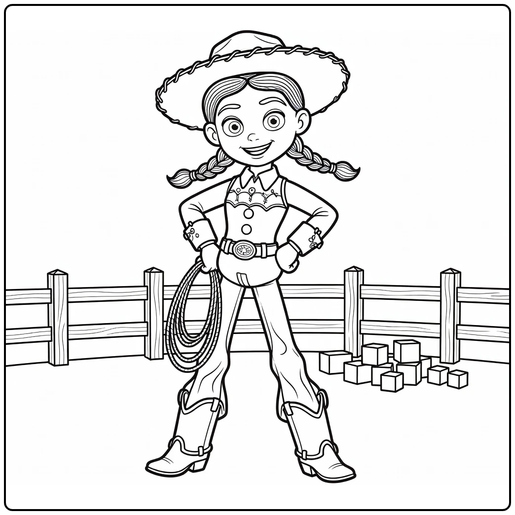 Jessie Kleurplaat van cowgirl met lasso en hek