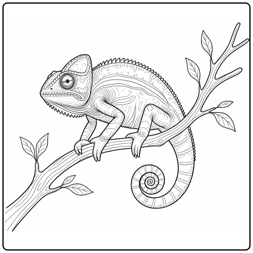 Kameleon Kleurplaat met kameleon op gebogen tak en bladeren