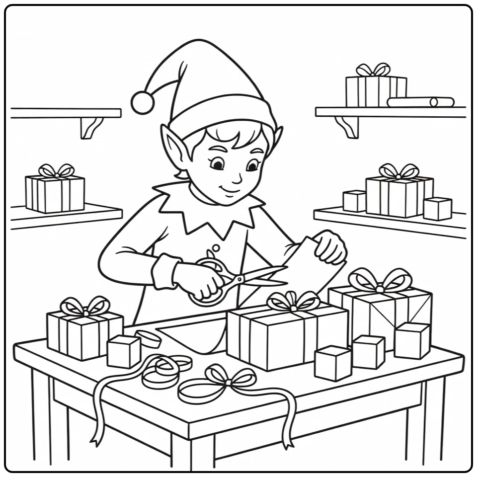 Kerstmis Kleurplaat elf die cadeaus inpakt aan tafel