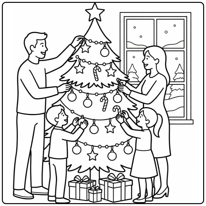 Kerstmis Kleurplaat familie versiert kerstboom met cadeaus