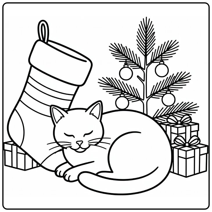 Kerstmis Kleurplaat met kat opgerold bij kerstkous en cadeaus