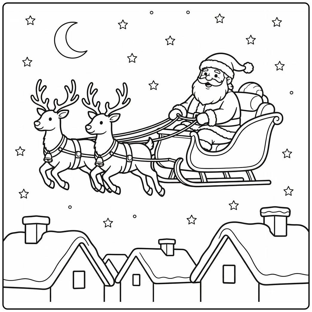 Kerstmis Kleurplaat van Kerstman met rendieren in de lucht
