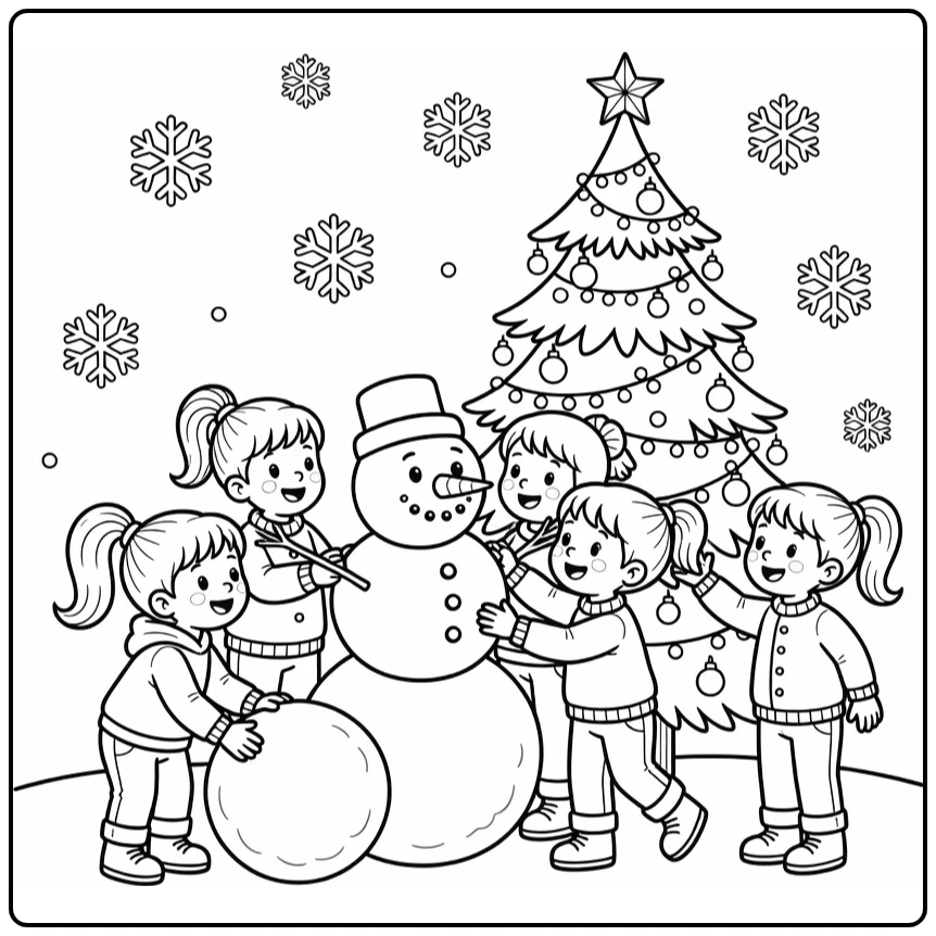 Kerstmis Kleurplaat met kinderen bij sneeuwpop en kerstboom