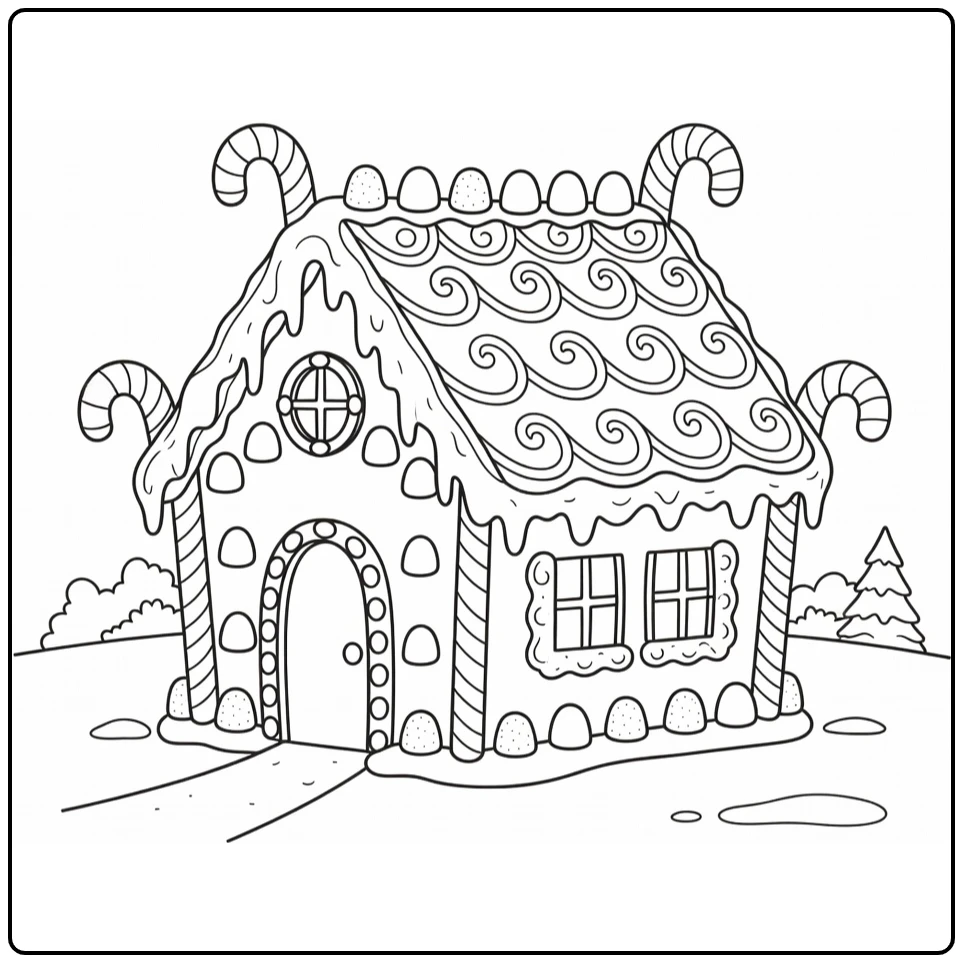 Kerstmis Kleurplaat peperkoekenhuis met snoepversiering