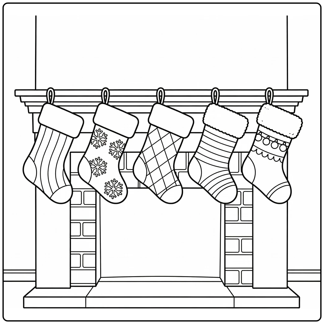 Kerstmis Kleurplaat van kousen aan schoorsteenmantel