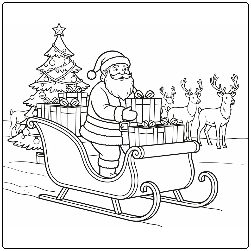 Kerstmis Kleurplaat Kerstman laadt cadeaus in slee